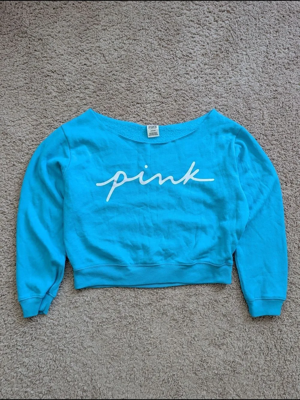 PINK VS Neon Scuba Script Logo Everyday Lounge Off The Shoulder Sweatshirt Large